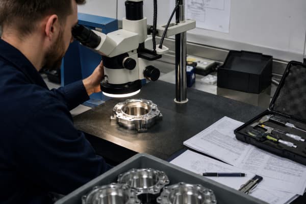 Industrial quality inspection workstation where an engineer examines a finished metal component under magnification after production, surrounded by measurement instruments and inspection records.