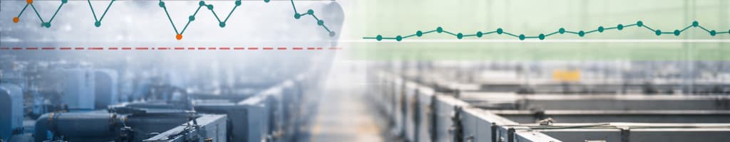 Two operators shaking hands in front of an industrial process line with a statistically accurate control chart overlay showing stable and unstable system behavior.
