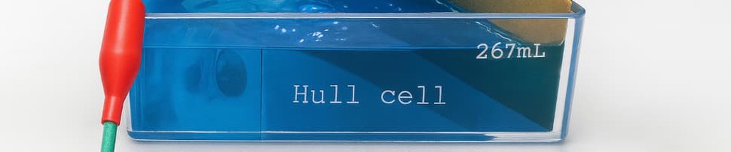 Hull cell test panel showing bright band analysis for electroplating bath optimization
