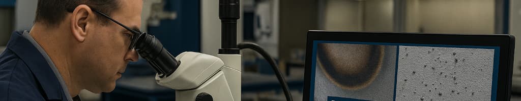 Collage of metal parts showing common plating defects such as pitting, peeling, and roughness with diagnostic overlays