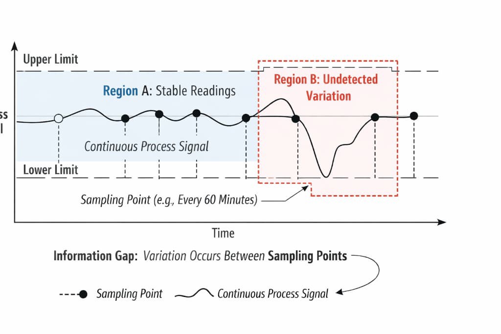 Illustrates how sparse data sampling creates information gaps where process deviations can occur undetected between data points