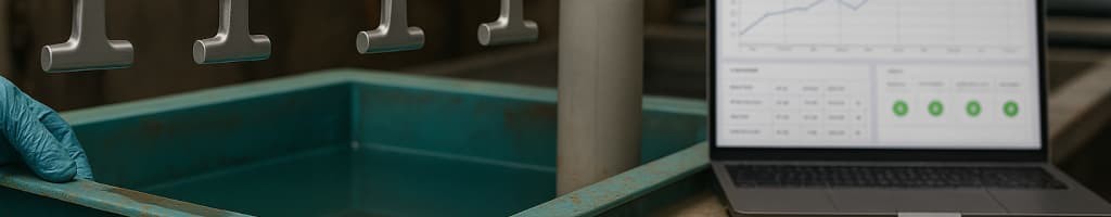 Screenshot of surface finishing software dashboard with SPC charts and chemical analysis tracking